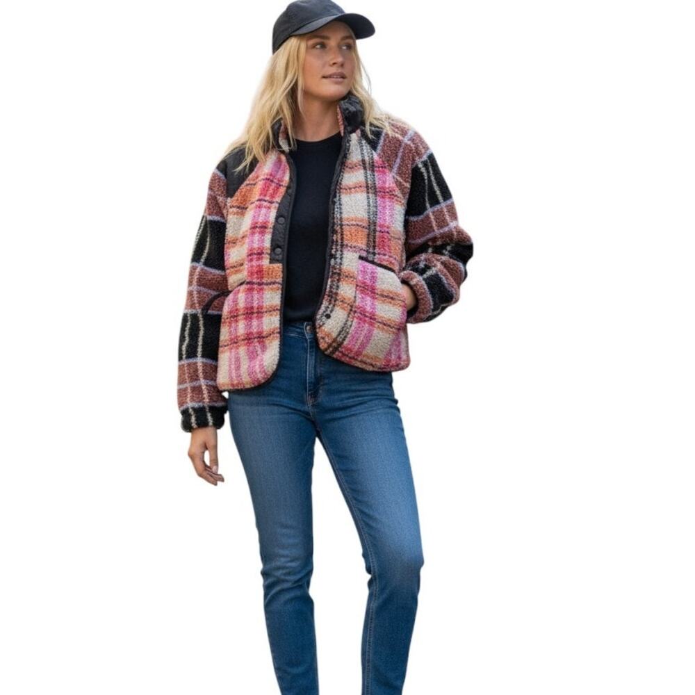 FP Movement Rocky Ridge Fleece Jacket Womens XL Autumn Combo Slouchy Button Down